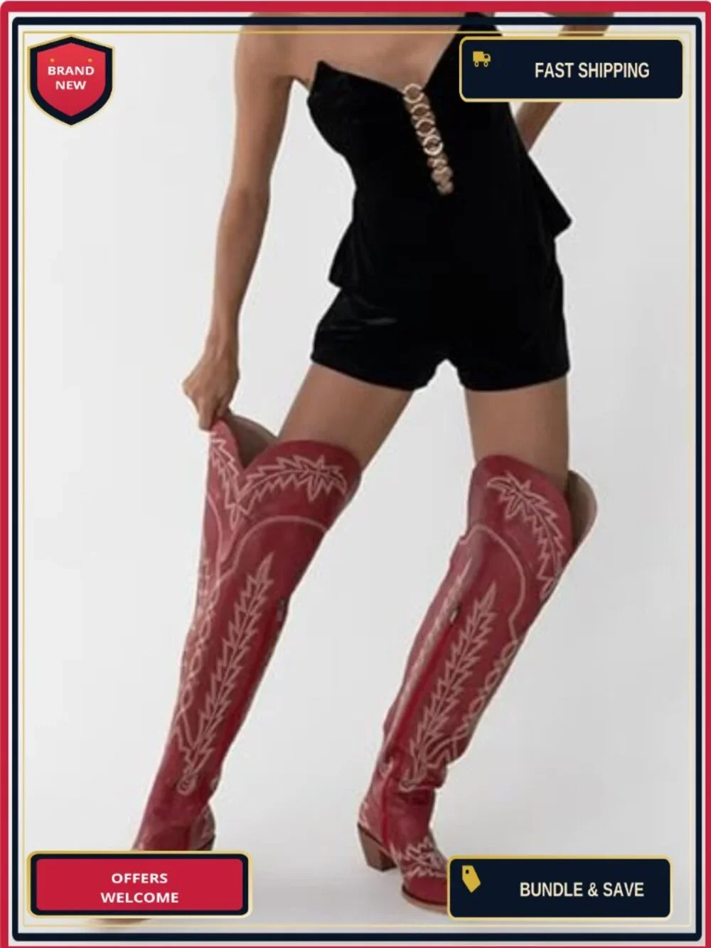 Over the Knee Cowboy Boots Women Embroidery Chunky Heel Side Zipper Thigh High